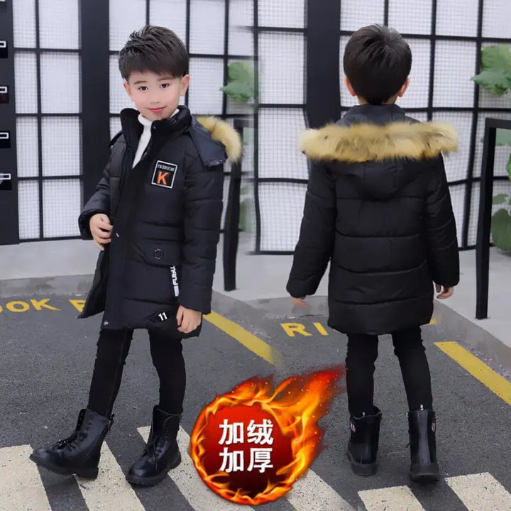 2024 New 4-14 Years Very Keep Warm Winter Boys Jacket Teenager Mid-Length Plus Velvet Thickening  Hooded Cotton Coat For Kids