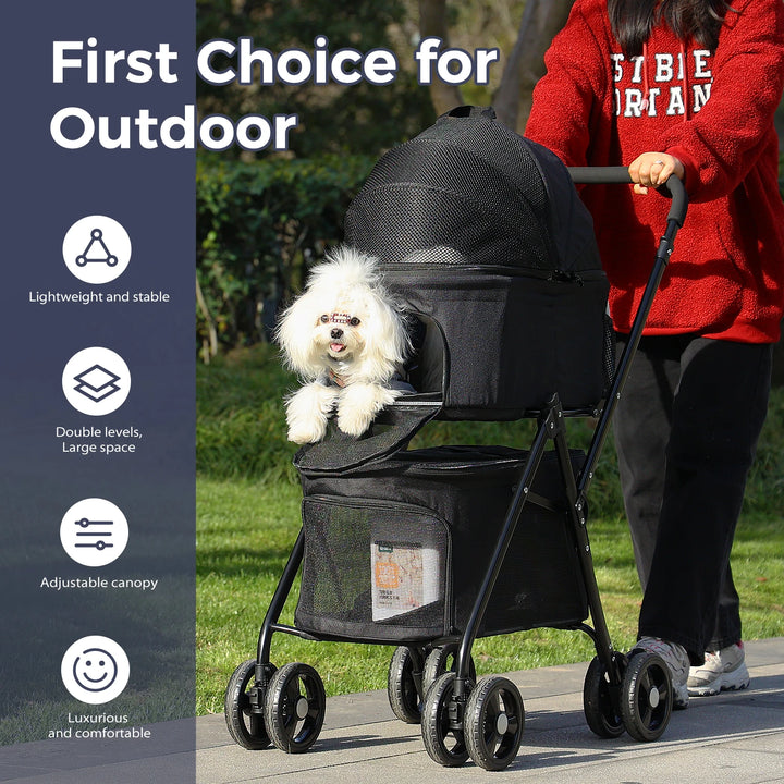 Foldable Pet Stroller 4-Wheel Dog Travel Stroller Pushchair Jogger with Storage Basket for Puppy Cat Pet Suplies Outdoor