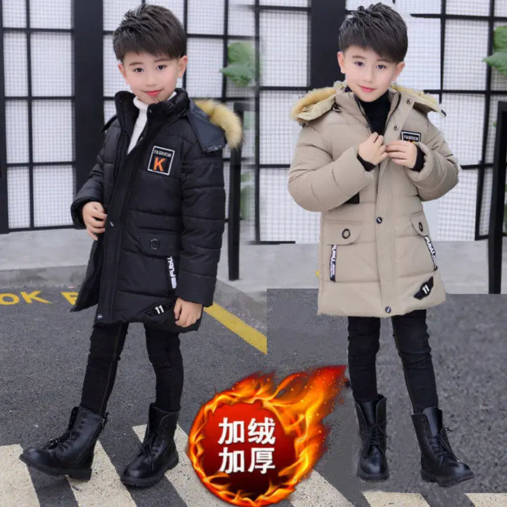 2024 New 4-14 Years Very Keep Warm Winter Boys Jacket Teenager Mid-Length Plus Velvet Thickening  Hooded Cotton Coat For Kids