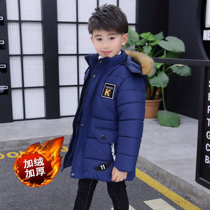 2024 New 4-14 Years Very Keep Warm Winter Boys Jacket Teenager Mid-Length Plus Velvet Thickening  Hooded Cotton Coat For Kids