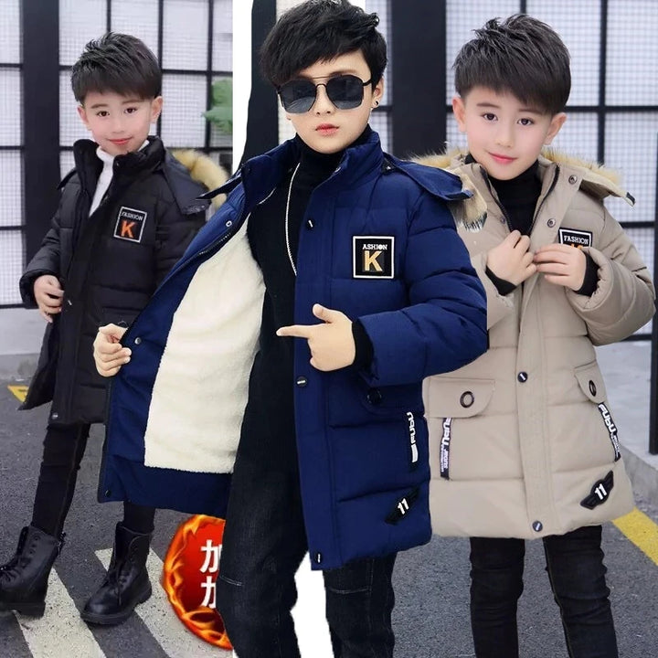 2024 New 4-14 Years Very Keep Warm Winter Boys Jacket Teenager Mid-Length Plus Velvet Thickening  Hooded Cotton Coat For Kids