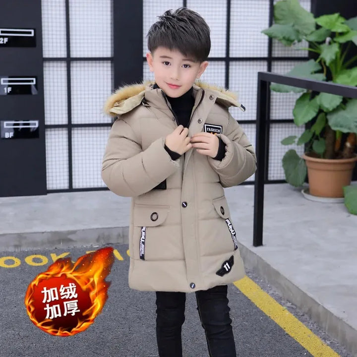 2024 New 4-14 Years Very Keep Warm Winter Boys Jacket Teenager Mid-Length Plus Velvet Thickening  Hooded Cotton Coat For Kids