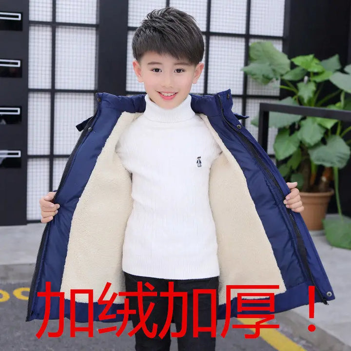 2024 New 4-14 Years Very Keep Warm Winter Boys Jacket Teenager Mid-Length Plus Velvet Thickening  Hooded Cotton Coat For Kids